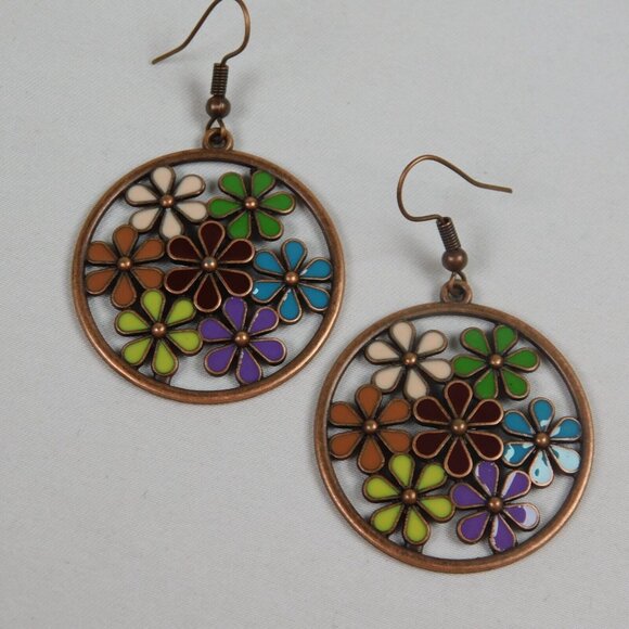 Flower Power Boho Bronze Tone Round Drop Earrings Multicolor Cutout 2.25" Dia - Picture 2 of 7